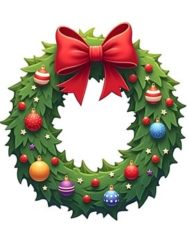 Cartoon christmas wreath with red bow and colorful ornaments decoration isolated