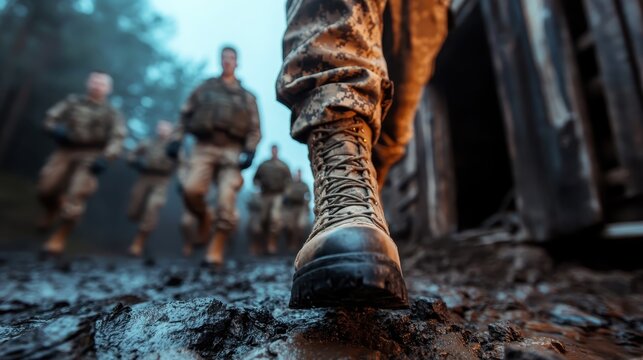 A group of military personnel in camouflage uniforms walks through a muddy, foggy landscape, emphasizing determination and teamwork in challenging conditions.