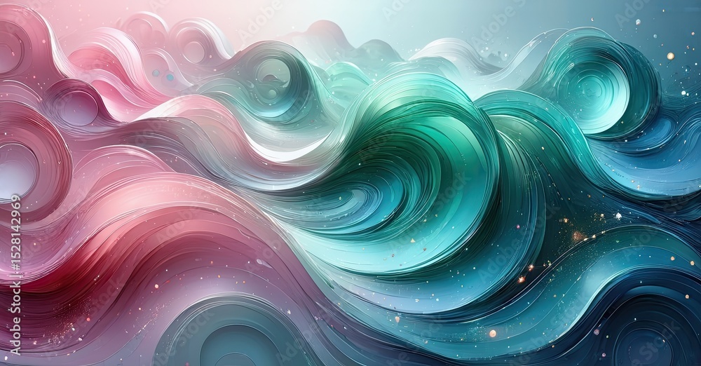 Aufkleber Abstract waves, fluid shapes, pinks, teals blend. Dynamic composition, sparkling details create dreamy effect. Soft gradients, elegant curves.