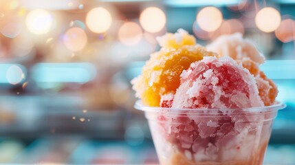 A mouthwatering close-up of a colorful ice cream sundae in a cup, showcasing the vibrant flavors and joyful experience of savoring this delightful dessert on a sunny day.