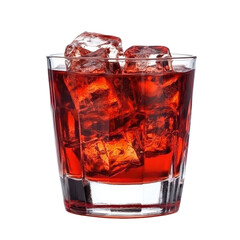 Bright red cocktail filled with ice cubes served in a clear glass on a plain background