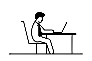 Minimalist black and white illustration of office worker sitting at desk using laptop, flat stick figure design
