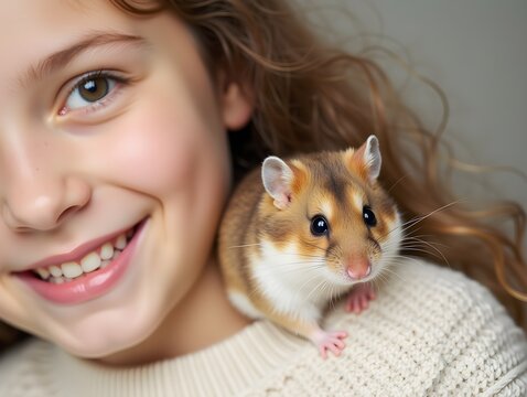 Smiling girl with a cute hamster on her shoulder. The animal has brown and white fur. The girl wears a soft sweater.