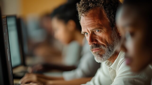 A determined person works intently in a vibrant creative workspace, showcasing a blend of concentration and collaboration in an inspiring environment filled with energy and productivity.