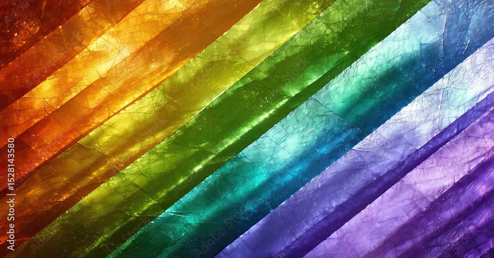 Poster vibrant rainbow spectrum dominates image. diagonal lines create textured, colorful display. black bo