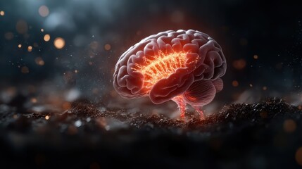 A stunning visualization of a glowing brain, surrounded by ethereal light, representing creativity, intelligence, and the intricate workings of the human mind in a cosmic realm.