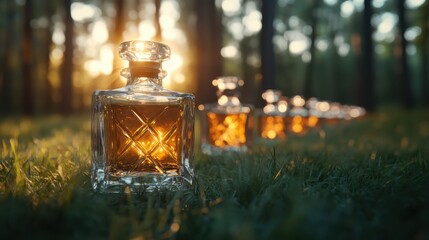 This image presents elegant glass bottles of whiskey illuminated by a golden sunset in a serene forest, showcasing a tranquil connection with nature and spirit.