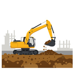 A yellow excavator is digging up brown dirt at a construction site, with some gray building structures visible in the background. © Ahmad