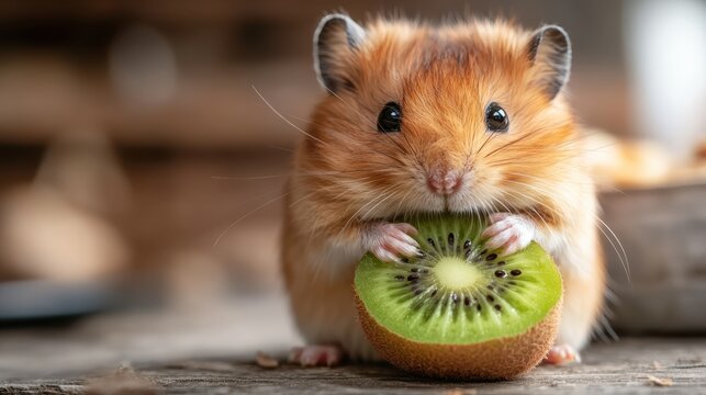 A close-up of a charming hamster munching on a kiwi slice, portraying cuteness and playfulness in a natural setting filled with warmth and delightful textures.