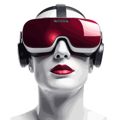 Futuristic woman wearing VR headset and headphones with bold red reflections on a white background