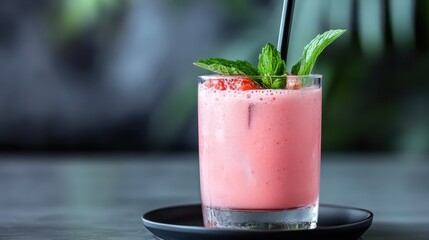A vibrant pink beverage garnished with fresh mint and strawberries, set against a blurred background, perfect for showcasing summer freshness or modern cocktail trends.
