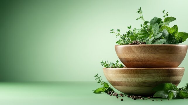 Two stacked wooden bowls filled with fresh herbs emphasize a connection to nature, health, and culinary creativity in the kitchen, inviting enjoyment of flavors.
