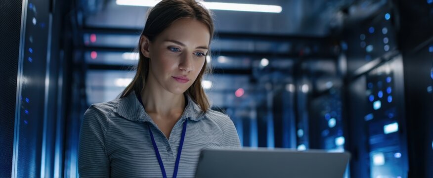 The woman using a laptop in a high-tech server room environment.