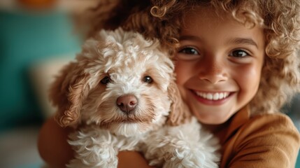 A joyful child with curly hair is hugging an adorable fluffy puppy, showcasing the bond between kids and their furry friends in a bright, cheerful atmosphere.
