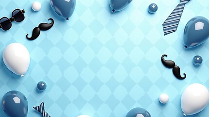 Father&rsquo;s Day blue festive background with balloons, mustaches, neckties, and sunglasses