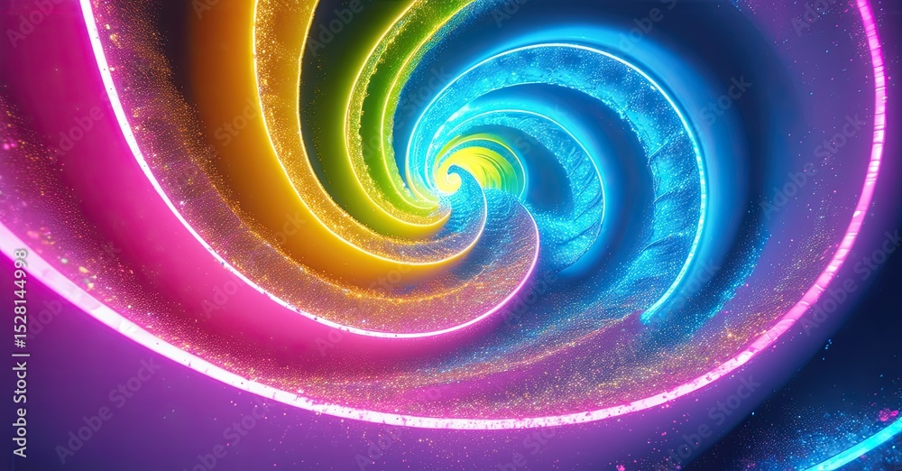 Poster bright rainbow spiral radiates outward. vivid colors blend, creating dynamic energy. glittering part