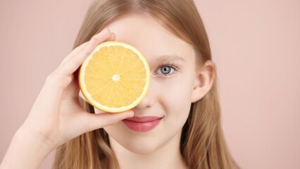 Portrait of a cheerful smiling blonde posing in studio holding half an orange in front of her eyes...