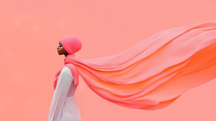 Graceful woman in a flowing pink scarf against a vibrant pink background, embodying elegance - Powered by Adobe
