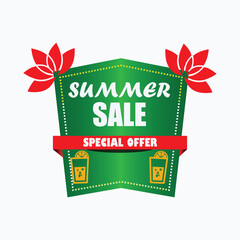 Summer Sale Special Offer Badge Vector Illustration - Green Shield with Red Lotus Flowers and Lemonade