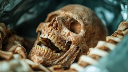 A detailed close-up of a human skull, showcasing intricate bone structure, providing a dramatic perspective that evokes thoughts of life, mortality, and the human condition.