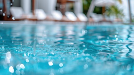 A mesmerizing close-up of water droplets splashing in a shimmering pool, capturing the essence of summer, relaxation, and tranquility in a visually striking manner.