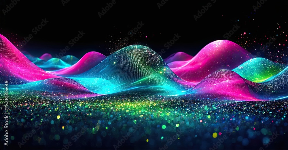 Poster vibrant waves, glowing particles create abstract landscape. colors blend, forming dynamic visual exp