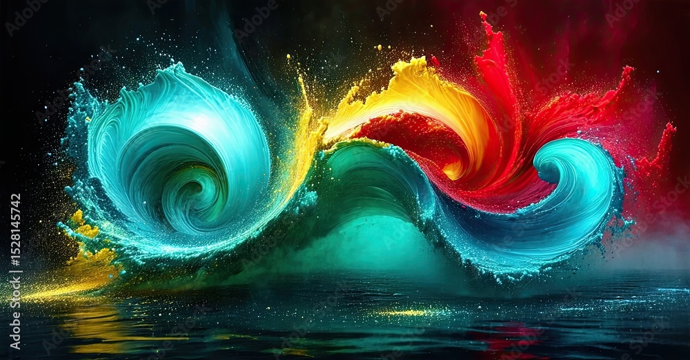Poster Vibrant water splashes form infinity symbol. Colors blend, creating dynamic visual effect. Reflections visible below waves.