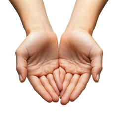 Two open hands cupped and facing upward against a white background, as if presenting or offering something