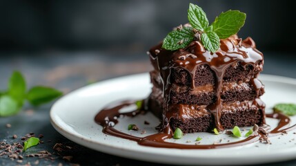 A decadent chocolate cake layered with rich frosting, garnished with fresh mint leaves, served on a pristine white plate, tempting dessert lovers with its look and flavor.