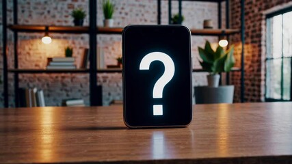 Mystery concept featuring glowing question mark on tablet placed in modern home office, representing uncertainty, inquiry and digital technology themes - Powered by Adobe