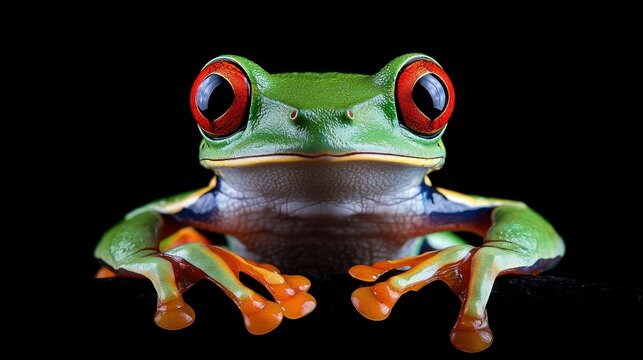 A green and red frog with large, expressive eyes, perched on a black surface against a black background.
