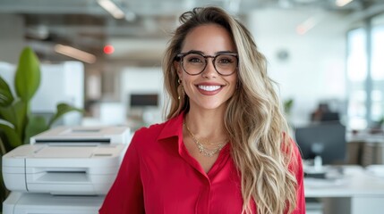 A smiling businesswoman in an office setting radiating confidence and professionalism with her stylish appearance, glasses, and a welcoming demeanor that encourages engagement.