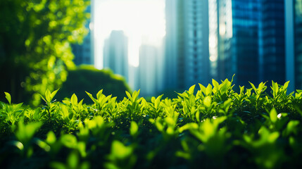 Close-up of green bushes with skyscrapers in the background