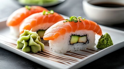 A beautifully arranged platter of fresh salmon sushi, highlighting vibrant colors and exquisite culinary presentation that appeals to food enthusiasts across the globe.
