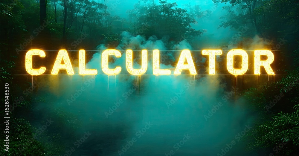 Poster bright calculator text glows amidst dark forest scene. mist surrounds letters, creating dramatic eff