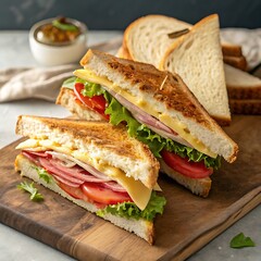 Delicious grilled sandwiches featuring ham cheese tomato and lettuce displayed on wooden board