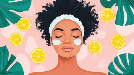 Facial hygiene illustration with a woman and lemons on a pink background