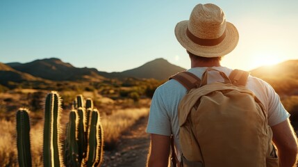 A solitary hiker stands on a desert trail, gazing at the sunset behind the mountains, surrounded by beautiful cacti, exemplifying adventure and tranquility.