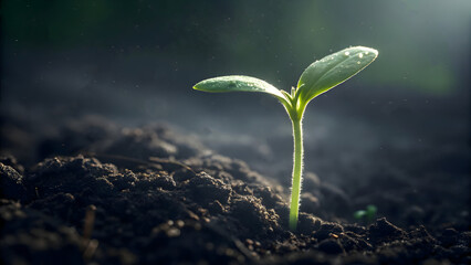 Green plant sprouting from rich soil with sunlight falling on fresh morning dew