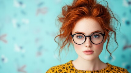 A striking portrait of a young woman with vibrant red hair and stylish glasses, set against a delicate patterned background, showcasing individuality and modern style.