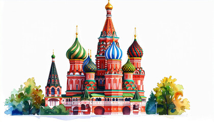 Obraz premium Watercolor illustration of St. Basil Cathedral in Moscow, Russia, featuring vivid onion domes and vibrant architectural details. Perfect for travel themes, postcards, and cultural art concepts.