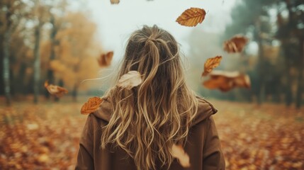 A serene image capturing a young woman from behind, surrounded by falling autumn leaves amidst a picturesque seasonal landscape, symbolizing change and reflection in nature.
