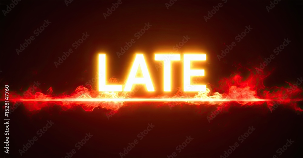 Poster bright, fiery text spells late against dark background. red energy flows, creating dramatic visual i