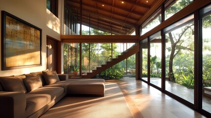 A large living room with a couch and a staircase