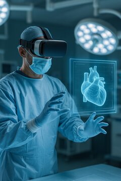 Cardiac surgeon viewing holographic heart using VR headset