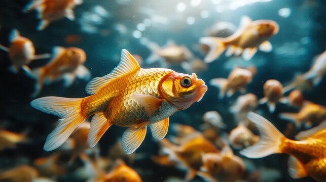 A stunning close-up of goldfish elegantly swimming in an aquatic environment, showcasing the beauty and tranquility of underwater life and its colorful inhabitants.