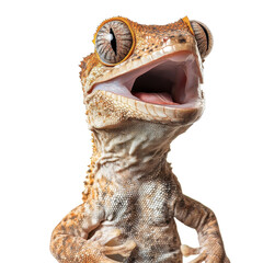 Crested gecko with an open mouth shows its tongue, throat, and detail in the eyes against a white background