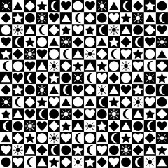 Obraz premium Black and white seamless pattern. Checkerboard pattern with simple shapes and symbols: sun, moon, star, circle, triangle, diamond, heart. Vector background. 