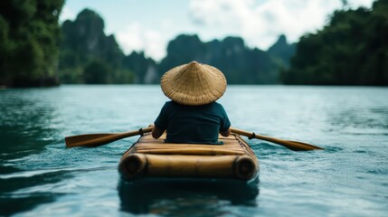 A tranquil image of a person in a bamboo raft rowing slowly across a calm lake, evoking feelings of solitude and peace amidst a stunning natural landscape of mountains.
