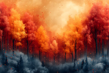 Autumnal Forest: A breathtaking digital painting of a forest in autumn, where vibrant red and orange leaves adorn the trees, creating a mesmerizing, dreamlike environment.